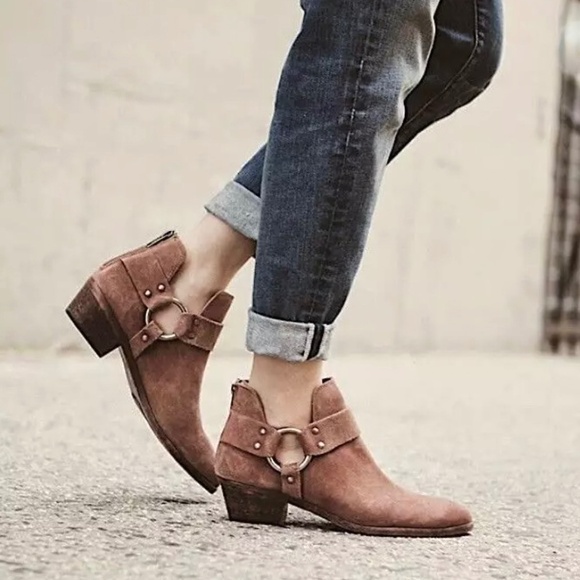 FRYE Ray Nubuck Leather Back Zip Harness Ankle Boots Distressed Brown - Picture 2 of 12